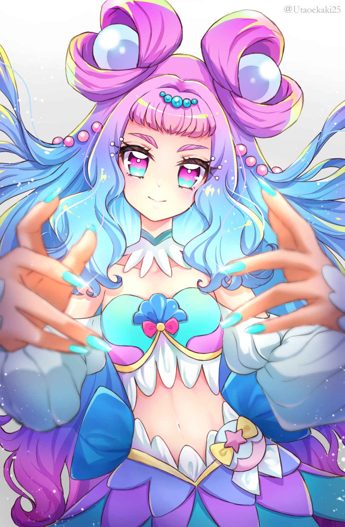 1girl blue_eyes blue_hair blue_nails closed_mouth commentary_request cure_la_mer double_bun eyelash_ornament fingernails gradient_background gradient_hair grey_background hair_bun hands highres laura_la_mer long_hair looking_at_viewer magical_girl midriff multicolored_hair nail_polish navel pink_eyes pink_hair precure smile solo thick_eyebrows tropical-rouge!_precure twintails uta_(yagashiro25)