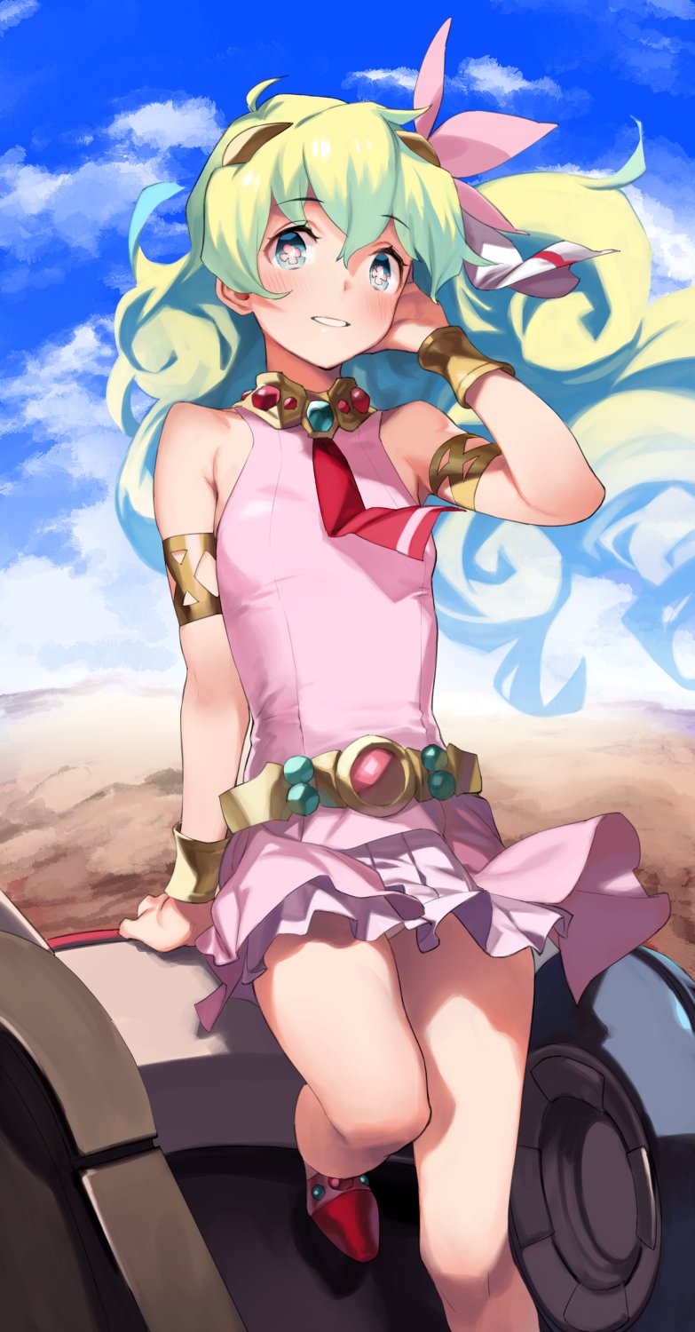+_+ 1girl 92m armlet bare_shoulders belt blush cloud_hair clouds commentary_request dress eyebrows_visible_through_hair foot_out_of_frame gem hair_ornament highres jewelry long_hair looking_at_viewer nia_teppelin outdoors parted_lips pink_dress sitting sky sleeveless sleeveless_dress smile solo tengen_toppa_gurren_lagann wristband