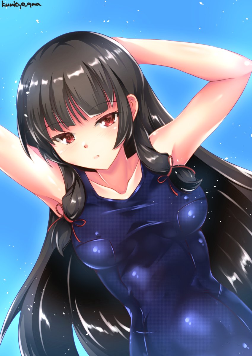 1girl arms_up black_hair blue_sky blue_swimsuit breasts clouds commentary_request hair_ribbon highres isokaze_(kancolle) kantai_collection kumichou_(nakasato-gumi) long_hair looking_at_viewer medium_breasts one-hour_drawing_challenge red_eyes ribbon school_swimsuit sky solo swimsuit tress_ribbon upper_body