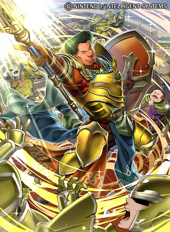 balding boots cape company_name dark_skin devdan_(fire_emblem) facial_hair fire_emblem fire_emblem:_radiant_dawn fire_emblem_cipher green_hair holding holding_lance holding_polearm holding_weapon homa_kura lance multiple_boys mustache official_art oliver_(fire_emblem) open_mouth polearm redhead weapon