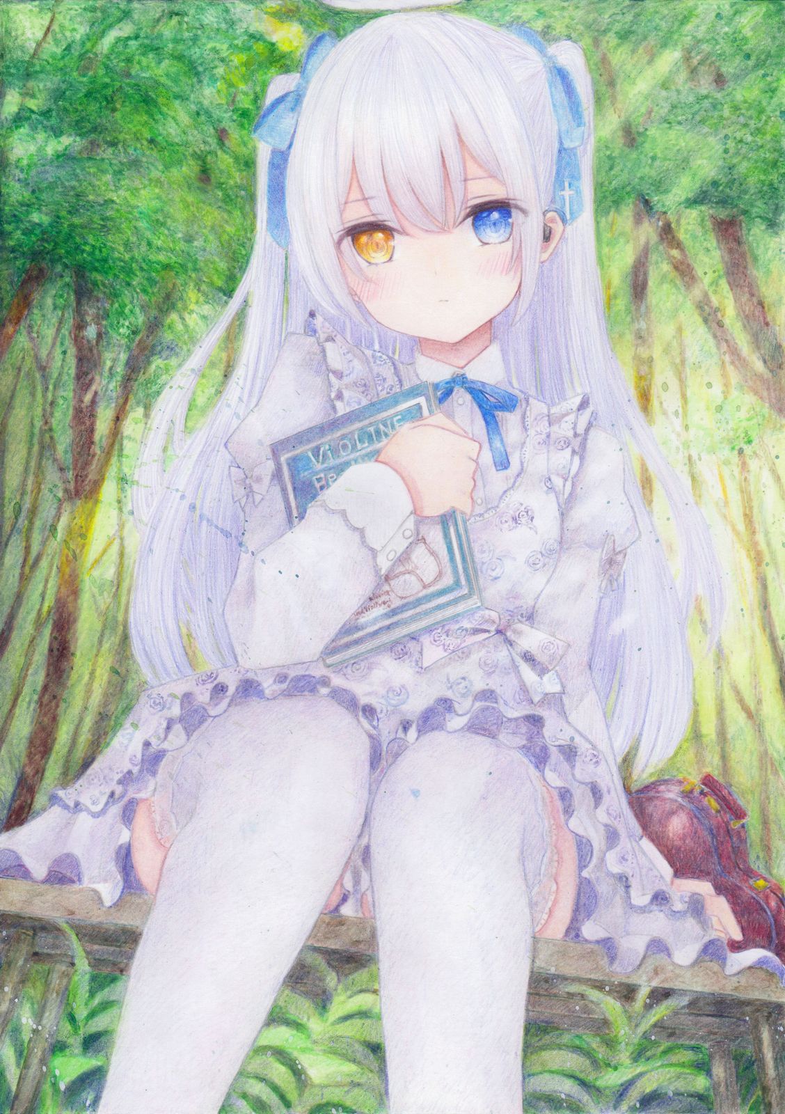 1girl apron blue_ribbon blush bush closed_mouth colored_pencil_(medium) darkkanan dress earphones eyebrows_visible_through_hair eyes_visible_through_hair forest frilled_apron frilled_dress frills grey_hair hair_ribbon halo heterochromia highres lolita_fashion long_hair looking_at_viewer nature original outdoors pinafore_dress plant ribbon silver_hair sitting solo thigh-highs traditional_media tree twintails watercolor_(medium) white_dress white_hair white_legwear