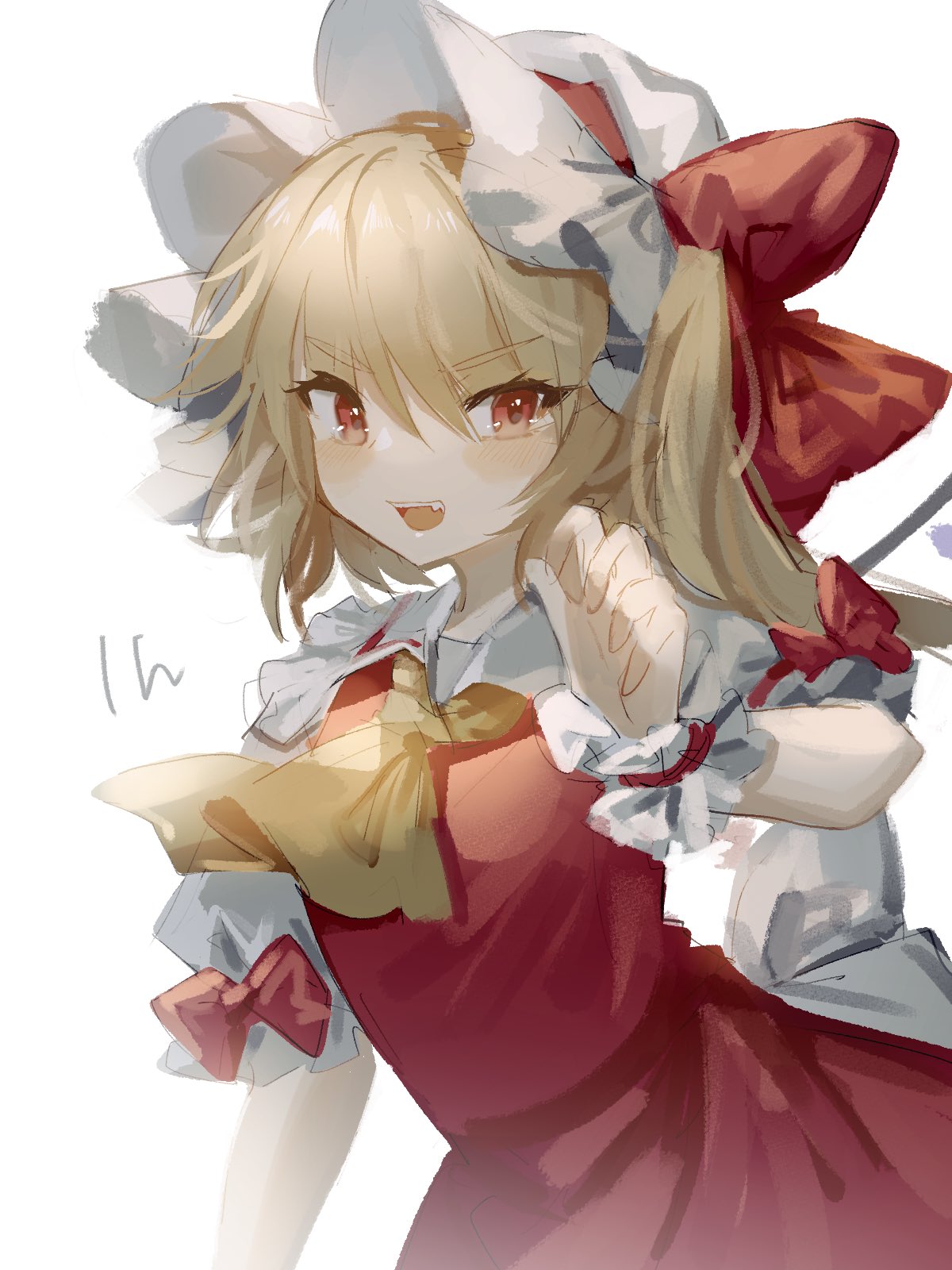 1girl ascot blonde_hair blush bow commentary dress eyebrows_visible_through_hair fang flandre_scarlet frilled_shirt_collar frills hand_up hat hat_bow highres looking_at_viewer mob_cap one_side_up open_mouth orange_eyes puffy_short_sleeves puffy_sleeves red_bow red_dress red_eyes sash short_hair short_sleeves sideways_glance simple_background smile smug solo sorani_(kaeru0768) touhou tsurime v-shaped_eyebrows white_background white_bow white_headwear white_sash wings wrist_cuffs yellow_neckwear