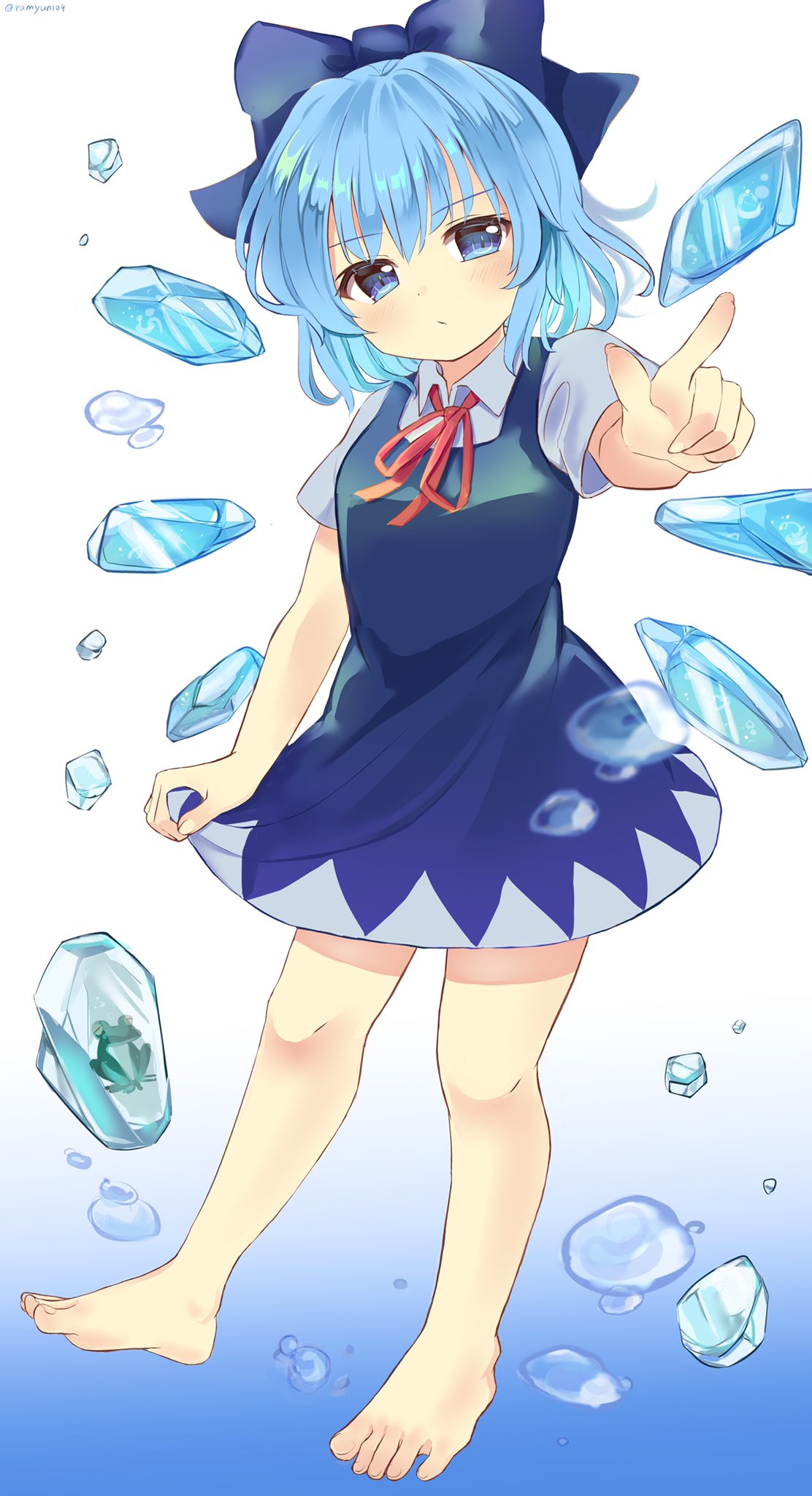 1girl bangs barefoot blue_bow blue_dress blue_eyes blue_hair bow cirno closed_mouth collared_shirt commentary dress eyebrows_visible_through_hair frog full_body hair_bow highres ice ice_wings index_finger_raised neck_ribbon ramudia_(lamyun) red_neckwear red_ribbon ribbon shirt short_hair short_sleeves simple_background solo touhou twitter_username white_background white_shirt wings