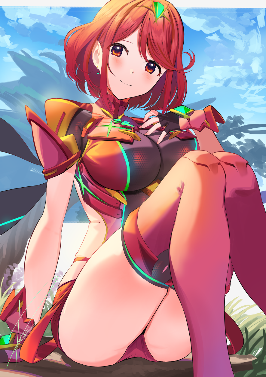 1girl bangs black_gloves breasts chest_jewel earrings fingerless_gloves gem gloves headpiece highres jewelry large_breasts poligon_(046) pyra_(xenoblade) red_eyes red_legwear red_shorts redhead short_hair short_shorts shorts swept_bangs thigh-highs tiara xenoblade_chronicles_(series) xenoblade_chronicles_2