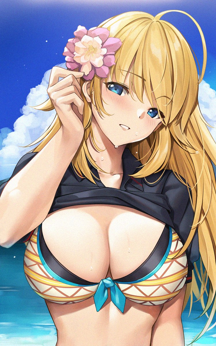 1girl ahoge bangs beach bikini black_shirt blonde_hair blue_eyes blue_sky blush breasts clothes_lift flower hachimiya_meguru hair_flower hair_ornament highres idolmaster idolmaster_shiny_colors large_breasts long_hair looking_at_viewer polo_shirt shirt shirt_lift sky solo swimsuit tony_guisado wet yellow_bikini