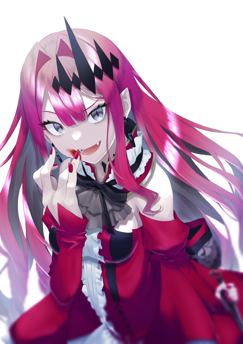 1girl aboreen bangs bare_shoulders blood breasts center_frills circlet dress earrings fangs fate/grand_order fate_(series) frills grey_eyes highres jewelry long_hair looking_at_viewer medium_breasts nail_polish open_mouth pink_hair pointy_ears red_dress shiny shiny_hair sidelocks simple_background tristan_(fairy_knight)_(fate) white_background
