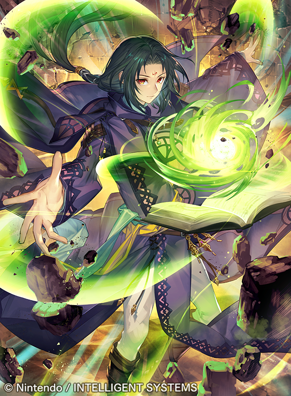 1boy bangs black_hair company_name fire_emblem fire_emblem:_path_of_radiance fire_emblem:_radiant_dawn fire_emblem_cipher holding holding_weapon long_hair looking_at_viewer magic official_art red_eyes soren_(fire_emblem) umiu_geso weapon wind