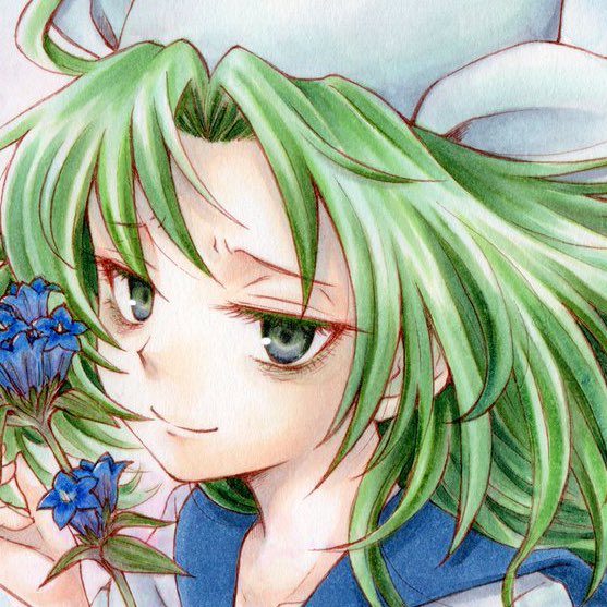 1girl blue_flower blue_sailor_collar closed_mouth eyelashes flower green_eyes green_hair hat io_(maryann_blue) long_hair mima_(touhou) sailor_collar smile touhou touhou_(pc-98) traditional_media white_headwear wizard_hat