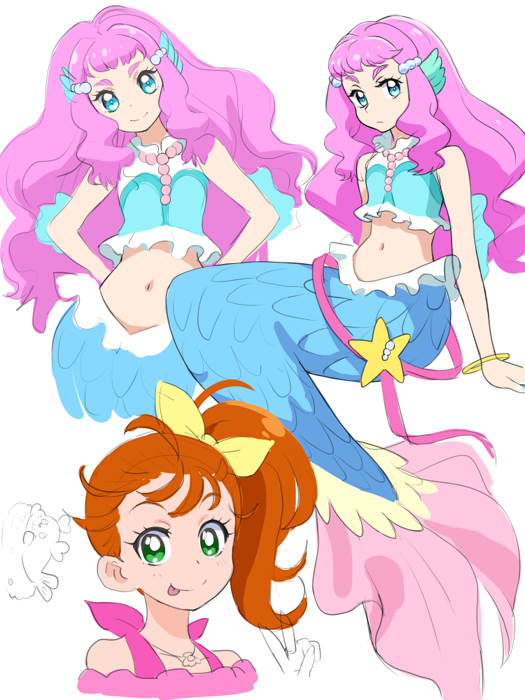 2girls :p blue_eyes bracelet closed_mouth fins green_eyes hair_ribbon head_fins jewelry kikurage_(crayon_arts) kururun_(precure) laura_la_mer long_hair looking_at_viewer mermaid midriff monster_girl multiple_girls natsuumi_manatsu navel orange_hair pink_hair precure ribbon short_hair side_ponytail simple_background sitting sketch smile tongue tongue_out tropical-rouge!_precure white_background yellow_ribbon