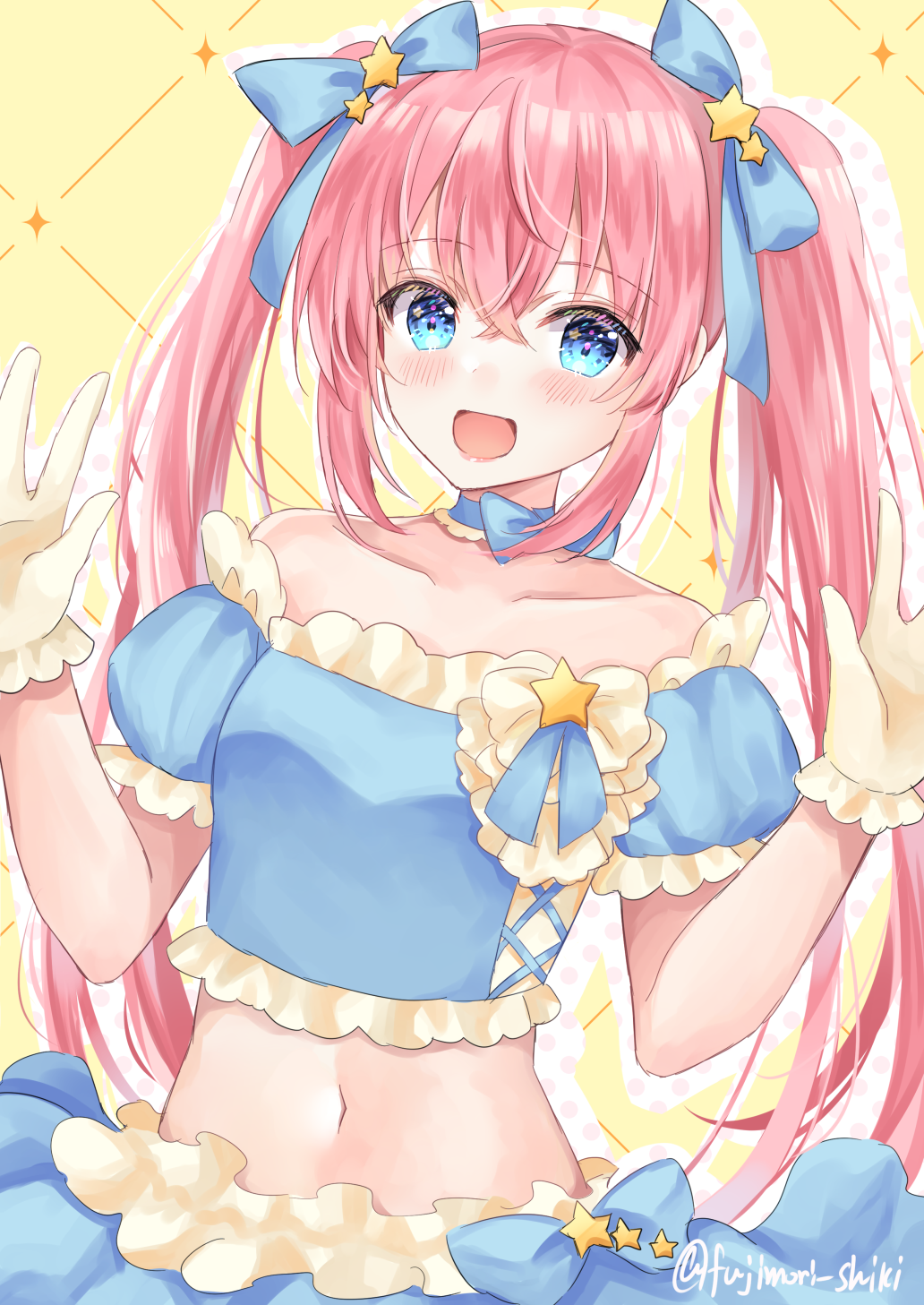 1girl :d blue_choker blue_eyes blue_shirt bow choker collarbone crop_top detached_sleeves fujimori_shiki gloves hair_bow hands_up highres kirano_sion liver_city long_hair looking_at_viewer midriff navel open_mouth pink_hair ribbon_choker shirt smile solo stomach twintails upper_body virtual_youtuber yellow_gloves
