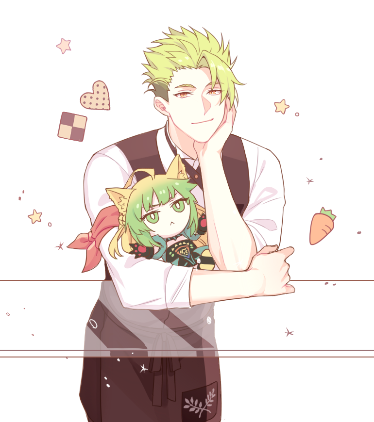 1boy achilles_(fate) apron armband atalanta_(fate) blonde_hair carrot character_doll cookie fate/apocrypha fate_(series) food gradient_hair green_hair head_rest long_hair male_focus mikkat multicolored_hair smile vest waistcoat yellow_eyes