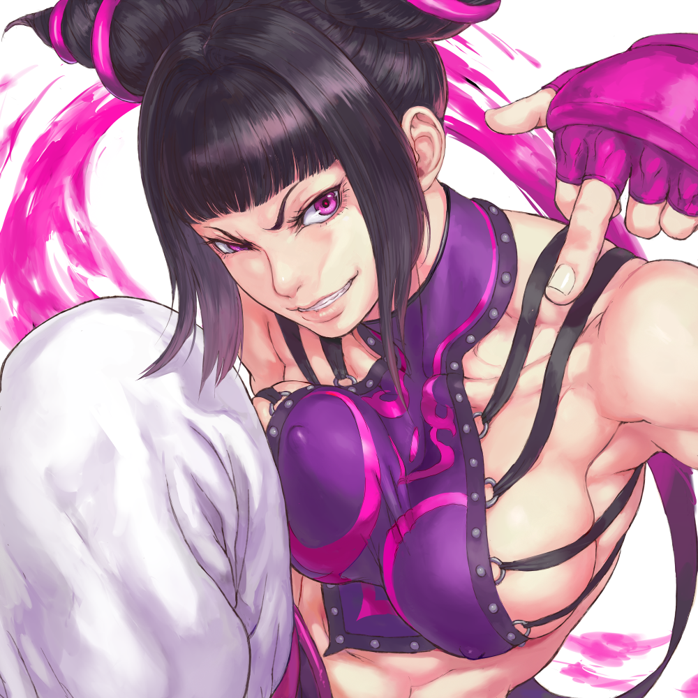1girl abs arm_up armpits baggy_pants bangs blunt_bangs breasts chinese_clothes covered_nipples drill_hair dudou ears energy fingerless_gloves fingernails gloves grin hair_ornament halter_top halterneck han_juri knee_up large_breasts leg_up lips looking_at_viewer middle_finger muscular muscular_female o-ring o-ring_top pants parted_lips pink_gloves purple_pupils shiny shiny_hair short_hair shu-mai sideboob sidelocks simple_background smile solo street_fighter street_fighter_iv_(series) teeth texture tsurime twin_drills unaligned_breasts violet_eyes white_background