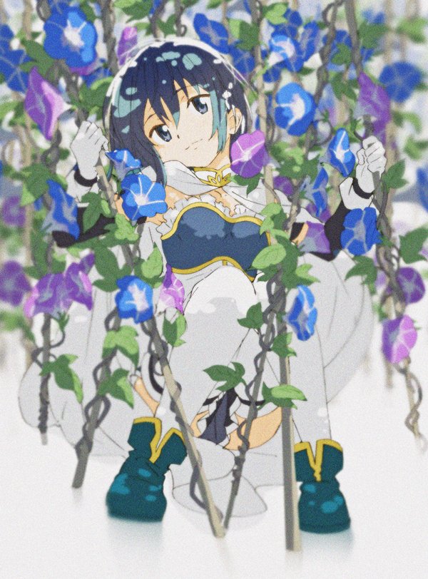 1girl bare_shoulders blue_eyes blue_footwear blue_hair cape detached_sleeves eyebrows_visible_through_hair flower fumiko_(mesushi) gloves hair_ornament hairclip magical_girl mahou_shoujo_madoka_magica miki_sayaka short_hair sleeveless thigh-highs white_gloves white_legwear zettai_ryouiki