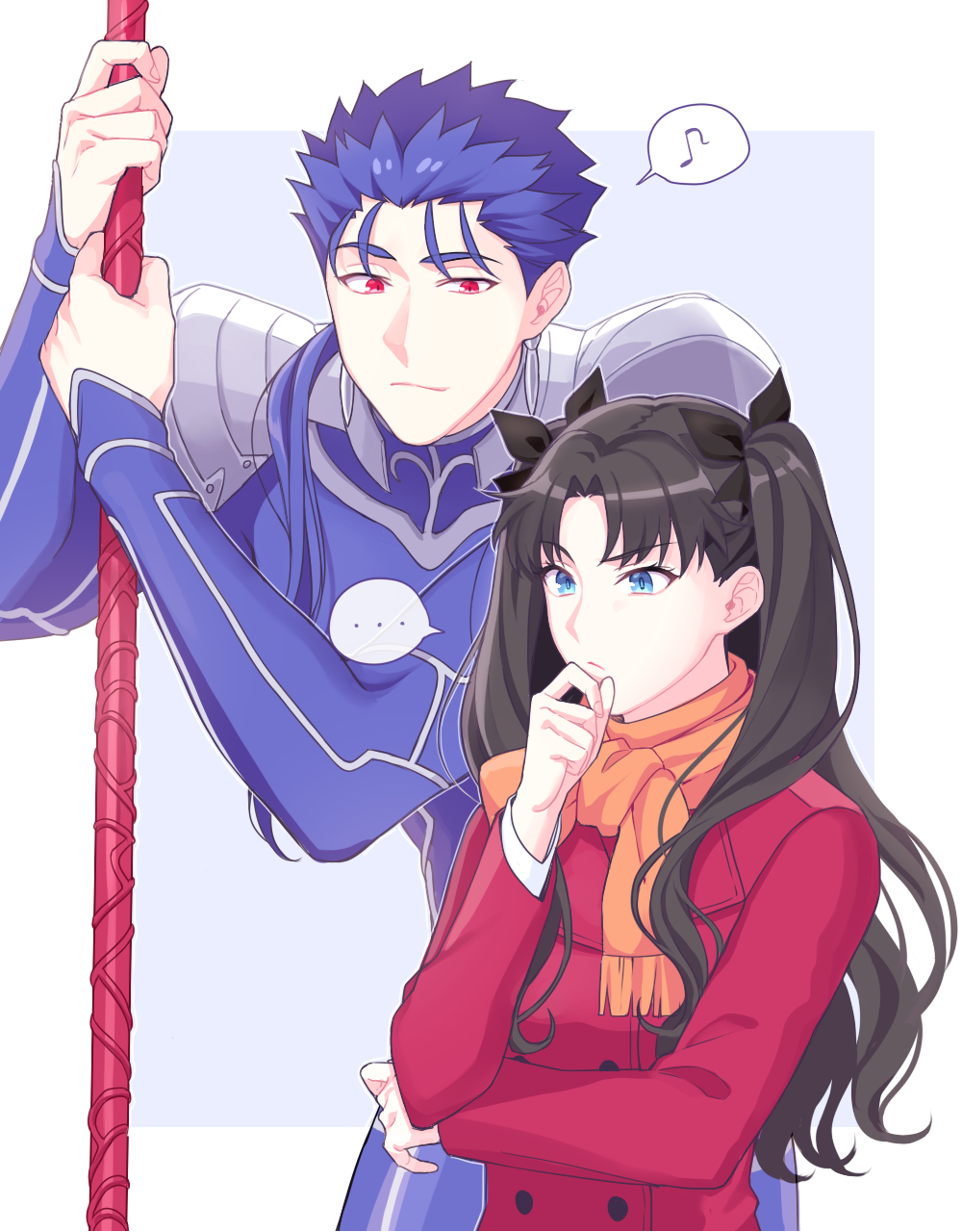 ... 1boy 1girl armor black_hair blue_eyes blue_hair chin_stroking cu_chulainn_(fate)_(all) cu_chulainn_(fate/stay_night) fate/grand_order fate/stay_night fate_(series) gae_bolg_(fate) hand_on_own_chin highres jacket long_hair male_focus mikkat musical_note polearm ponytail red_jacket scarf spear spoken_ellipsis spoken_musical_note thinking tohsaka_rin two_side_up weapon