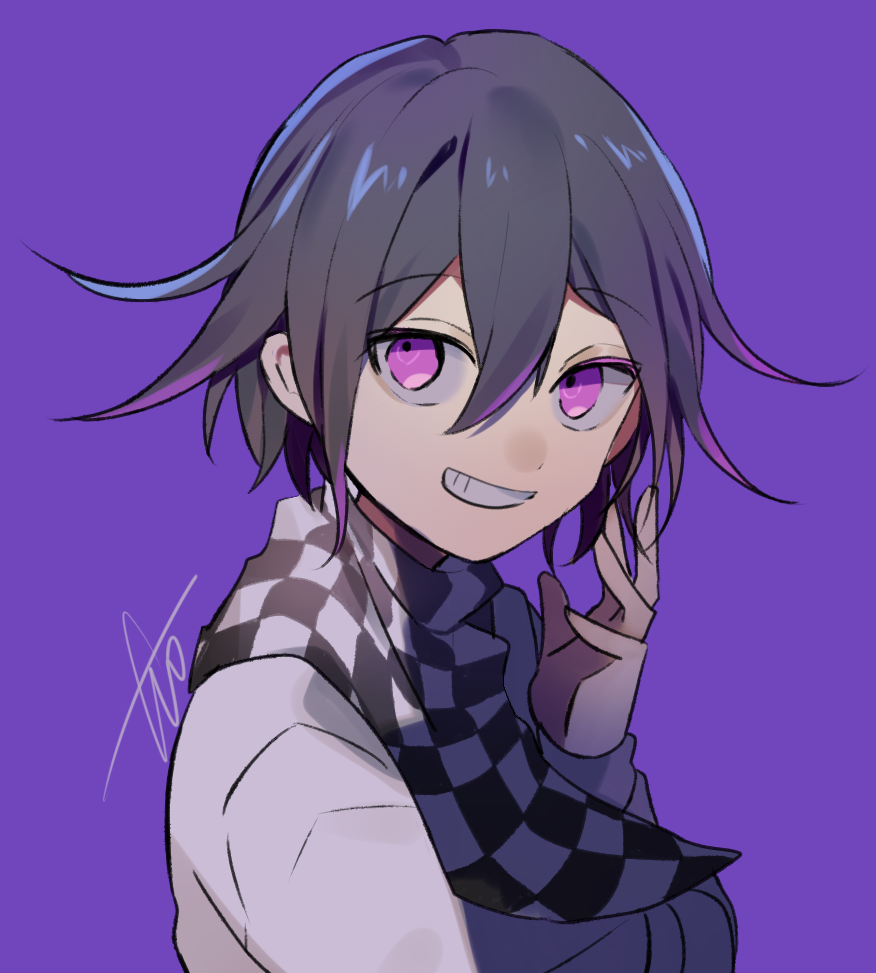 1boy bangs black_hair checkered checkered_scarf commentary commentary_request dangan_ronpa_(series) dangan_ronpa_v3:_killing_harmony eyebrows_visible_through_hair flipped_hair from_side grin hair_between_eyes hand_up huyuharu0214 jacket long_sleeves looking_at_viewer male_focus ouma_kokichi purple_background purple_hair purple_theme scarf signature simple_background smile solo upper_body violet_eyes