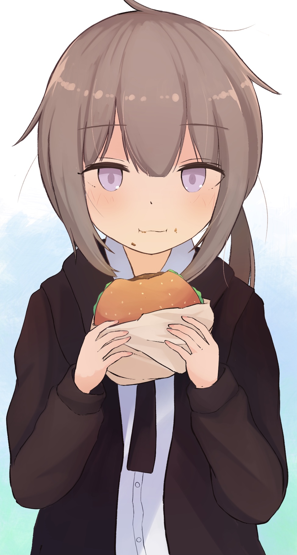 1girl antenna_hair b6 bangs black_jacket brown_hair burger closed_mouth eating food food_in_mouth food_on_face girls_frontline hair_between_eyes highres holding holding_food jacket looking_at_viewer m200_(girls_frontline) necktie polo_shirt ponytail shirt solo violet_eyes white_shirt