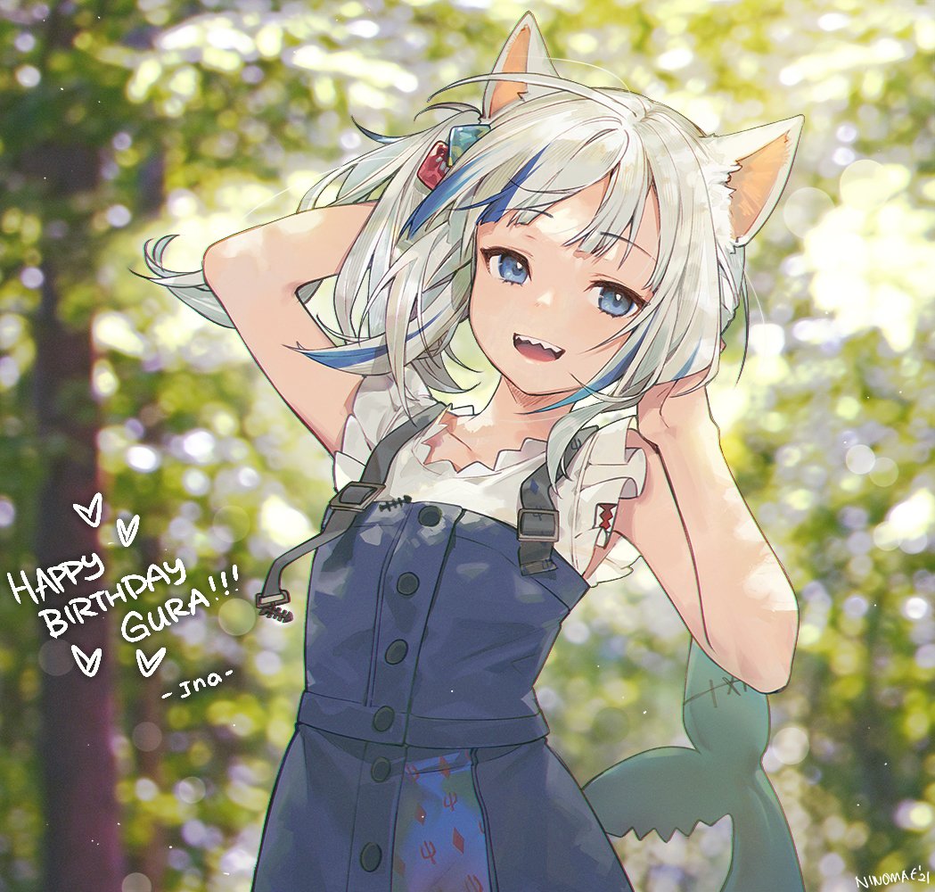 1girl :d animal_ears artist_name asymmetrical_hair blouse blue_eyes blue_hair blue_skirt blue_vest blurry blurry_background buttons cat_ears commentary cube dappled_sunlight day english_commentary english_text eyebrows_visible_through_hair fish_tail flat_chest floating_hair forest gawr_gura hair_cubes hair_ornament hairclip hands_on_own_head happy_birthday hololive hololive_english long_hair looking_at_viewer multicolored_hair nature ninomae_ina'nis_(artist) official_alternate_costume one_side_up open_mouth outdoors shark_girl shark_tail sharp_teeth side_ponytail signature silver_hair skirt smile solo strap streaked_hair sunlight tail teeth tree two-tone_hair upper_body vest virtual_youtuber white_blouse