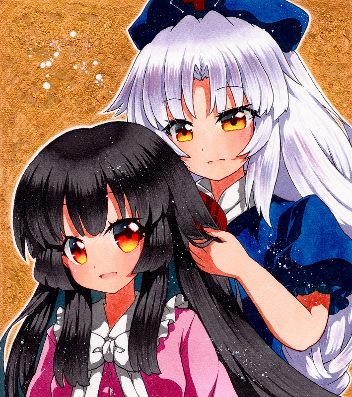2girls bangs black_hair blouse blue_dress blue_headwear blue_sleeves bow braid collar dress eyebrows_visible_through_hair frills hand_in_another's_hair hand_up hat houraisan_kaguya long_hair looking_at_another looking_at_viewer multicolored multicolored_clothes multicolored_dress multicolored_eyes multiple_girls no_hat no_headwear open_mouth pink_blouse pink_sleeves puffy_short_sleeves puffy_sleeves qqqrinkappp red_dress red_eyes red_sleeves short_sleeves silver_hair simple_background single_braid smile touhou traditional_media white_bow white_collar white_neckwear yagokoro_eirin yellow_background yellow_eyes