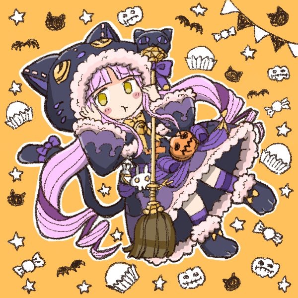 1girl :3 :t animal_hood bell black_capelet blush bow broom candy capelet cat_hood cupcake food full_body fur-trimmed_capelet fur-trimmed_hood fur-trimmed_skirt fur-trimmed_sleeves fur_trim halloween_costume hands_on_own_face hood hood_up hooded_capelet jack-o'-lantern koru_koruno kyouka_(princess_connect!) looking_at_viewer neck_bell paw_shoes princess_connect! pumpkin purple_hair shoes skirt solo star_(symbol) tail tail_bow tail_ornament twintails two_side_up yellow_eyes