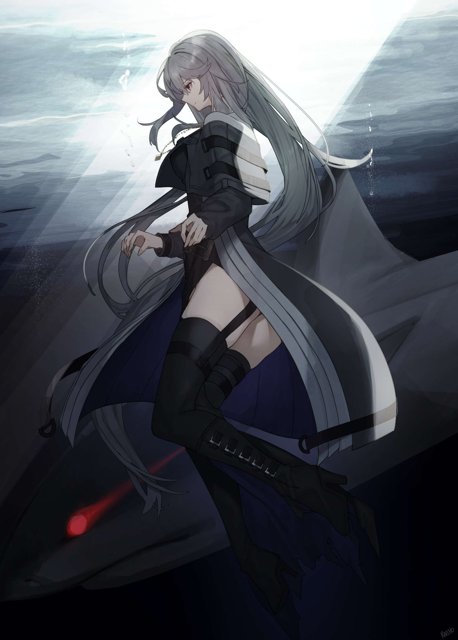 1girl arknights bangs black_capelet black_dress black_footwear black_legwear boots capelet commentary dress facing_to_the_side from_side full_body garter_straps grey_hair high_heel_boots high_heels highres knee_boots long_hair long_sleeves off_shoulder open_mouth raitho104 red_eyes shark solo specter_(arknights) submerged thigh-highs thigh_strap thighhighs_under_boots underwater