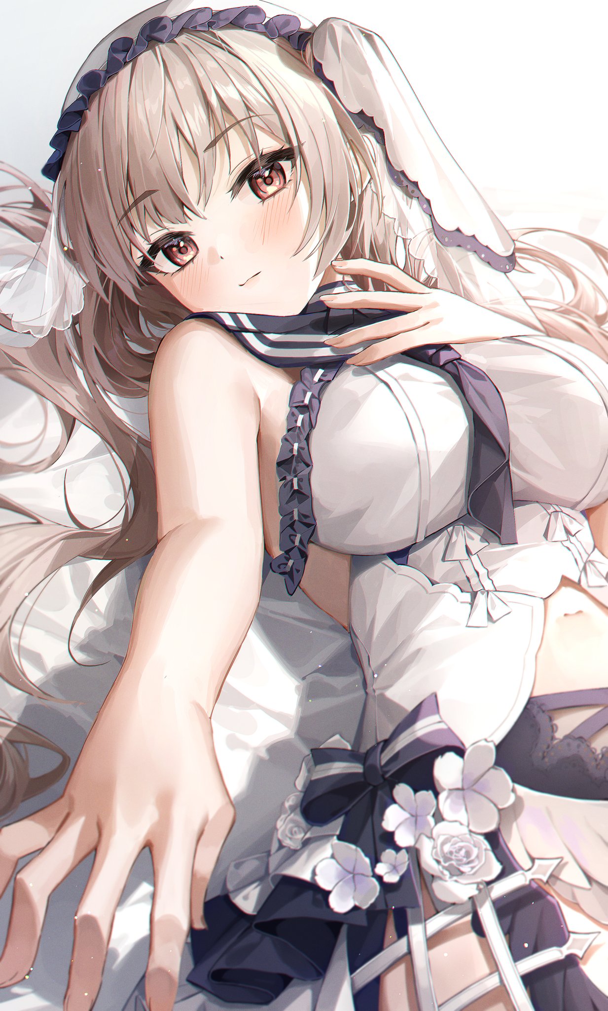 1girl azur_lane bangs bare_arms bed_sheet black_neckwear black_sailor_collar blush breasts closed_mouth clothing_cutout commentary_request dress eyebrows_visible_through_hair formidable_(azur_lane) formidable_(timeless_classics)_(azur_lane) hand_on_own_chest hand_up highres large_breasts long_hair looking_at_viewer lying midriff minttchocok navel neckerchief official_alternate_costume on_back red_eyes sailor_collar simple_background sleeveless sleeveless_dress solo stomach_cutout twintails veil white_background white_dress white_hair