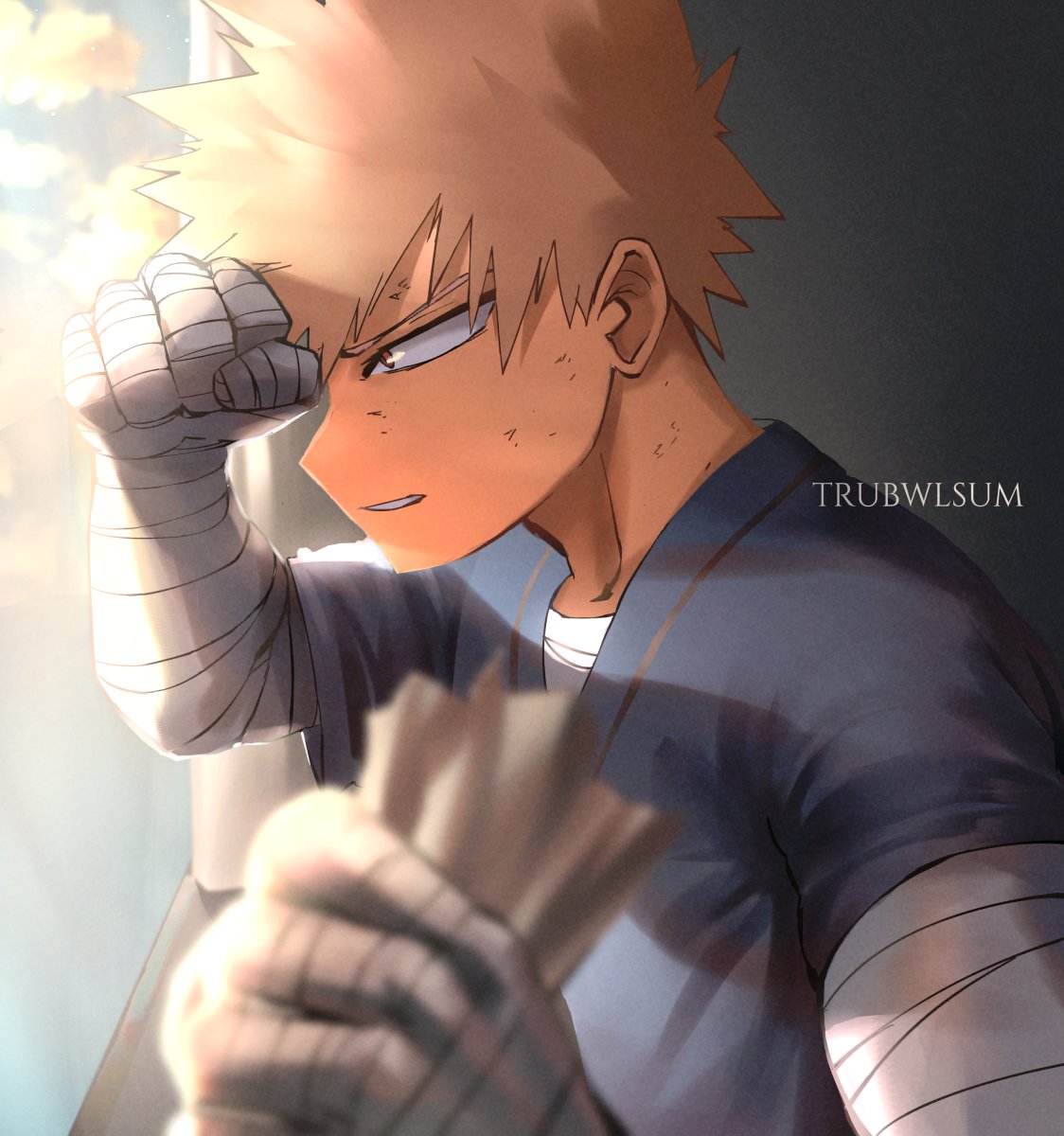 1boy alternate_costume artist_name bakugou_katsuki bandaged_arm bandaged_hands bandages bangs blonde_hair blush boku_no_hero_academia commentary english_commentary from_side hand_up highres hospital_gown male_focus profile solo spiky_hair trubwlsum upper_body window