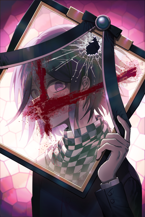 1boy 50k_v3 bangs black_jacket blood blood_on_face broken_glass checkered checkered_scarf commentary_request dangan_ronpa_(series) dangan_ronpa_v3:_killing_harmony glass hair_between_eyes hand_up holding iei jacket long_sleeves looking_at_viewer male_focus ouma_kokichi pink_background scarf short_hair solo upper_body violet_eyes weapon white_background