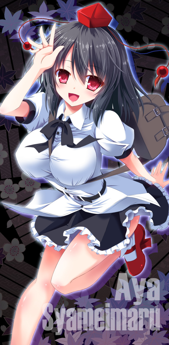 between_breasts black_hair black_legwear black_ribbon black_skirt breasts collared_shirt frilled_skirt frills hat highres impossible_clothes kneehighs large_breasts pointy_ears pom_pom_(clothes) red_eyes red_footwear ribbon shameimaru_aya shirt short_hair skirt strap_between_breasts tengu tokin_hat touhou white_shirt yamu_(reverse_noise)