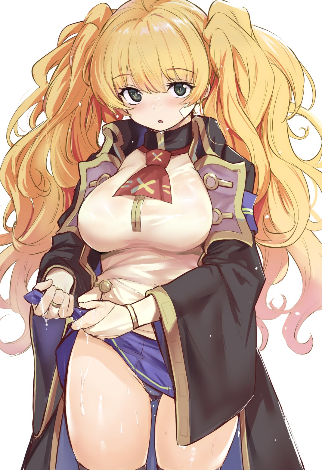 1girl bandaid bandaid_on_face black_jacket black_legwear blonde_hair blue_skirt blush breasts clothes_lift commentary_request cowboy_shot granblue_fantasy green_eyes highres jacket kztk large_breasts long_hair looking_at_viewer miniskirt monika_weisswind open_mouth pleated_skirt see-through shingeki_no_bahamut shirt skirt skirt_lift solo thigh-highs twintails wavy_hair wet wet_clothes white_shirt