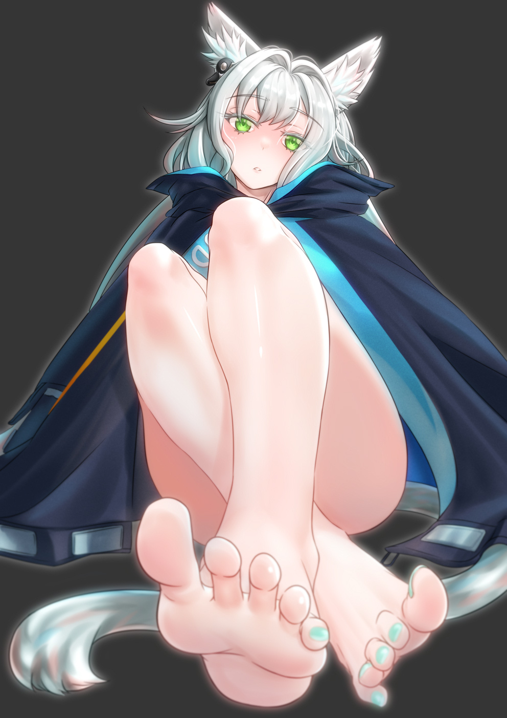 1girl animal_ears aqua_nails arknights bare_legs barefoot black_background blue_coat blurry blush cat_ears cat_girl cat_tail chinese_commentary coat crossed_legs depth_of_field earpiece english_commentary eyebrows_visible_through_hair eyelashes feet full_body gradient_hair green_eyes head_tilt highres knees_to_chest legs light_blue_hair lips looking_at_viewer mixed-language_commentary multicolored_hair outline parted_lips rosmontis_(arknights) short_hair silver_hair simple_background sitting soles solo tail thighs toenail_polish toes two-tone_hair yamauchi_(conan-comy)