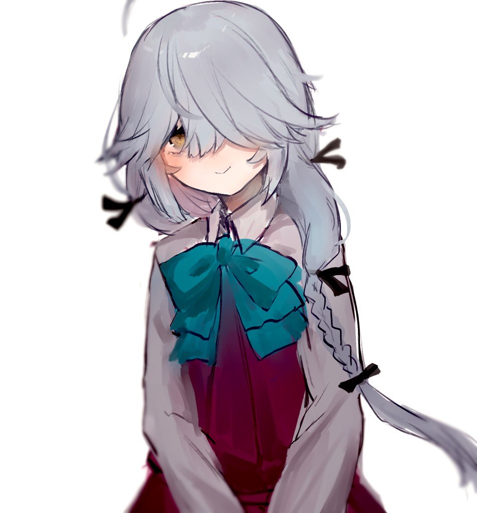 1girl :&gt; after_suko ahoge bangs blue_neckwear bow bowtie braid dress grey_hair hair_between_eyes hair_over_one_eye hair_ribbon hamanami_(kancolle) kantai_collection long_hair long_sleeves looking_at_viewer purple_dress ribbon shirt simple_background single_braid smile solo white_background white_shirt yellow_eyes