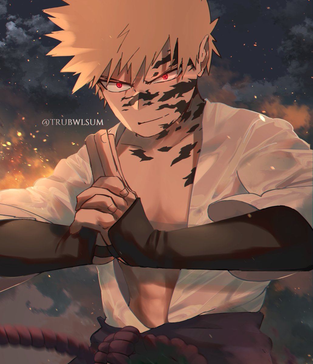 1boy abs artist_name bakugou_katsuki bangs black_gloves blonde_hair boku_no_hero_academia clothing_request clouds collarbone commentary cosplay english_commentary facial_mark gloves hands_up highres long_sleeves male_focus muscular naruto naruto_(series) night open_clothes outdoors own_hands_together red_eyes shirt short_hair solo spiky_hair trubwlsum uchiha_sasuke uchiha_sasuke_(cosplay) upper_body white_shirt