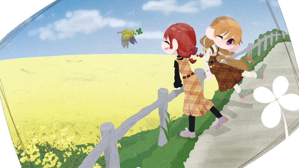 2girls ^_^ bangs belt bird black_belt black_legwear black_shirt braid brown_dress brown_hair chibi closed_eyes clover cocomage dress emma_verde fence field flower four-leaf_clover freckles jewelry konoe_kanata leaning_on_object long_hair long_sleeves love_live! love_live!_nijigasaki_high_school_idol_club low_twintails mole mole_under_eye multiple_girls necklace one_eye_closed pinafore_dress scrunchie shirt smile twin_braids twintails violet_eyes wavy_hair white_legwear white_shirt yellow_flower yellow_scrunchie