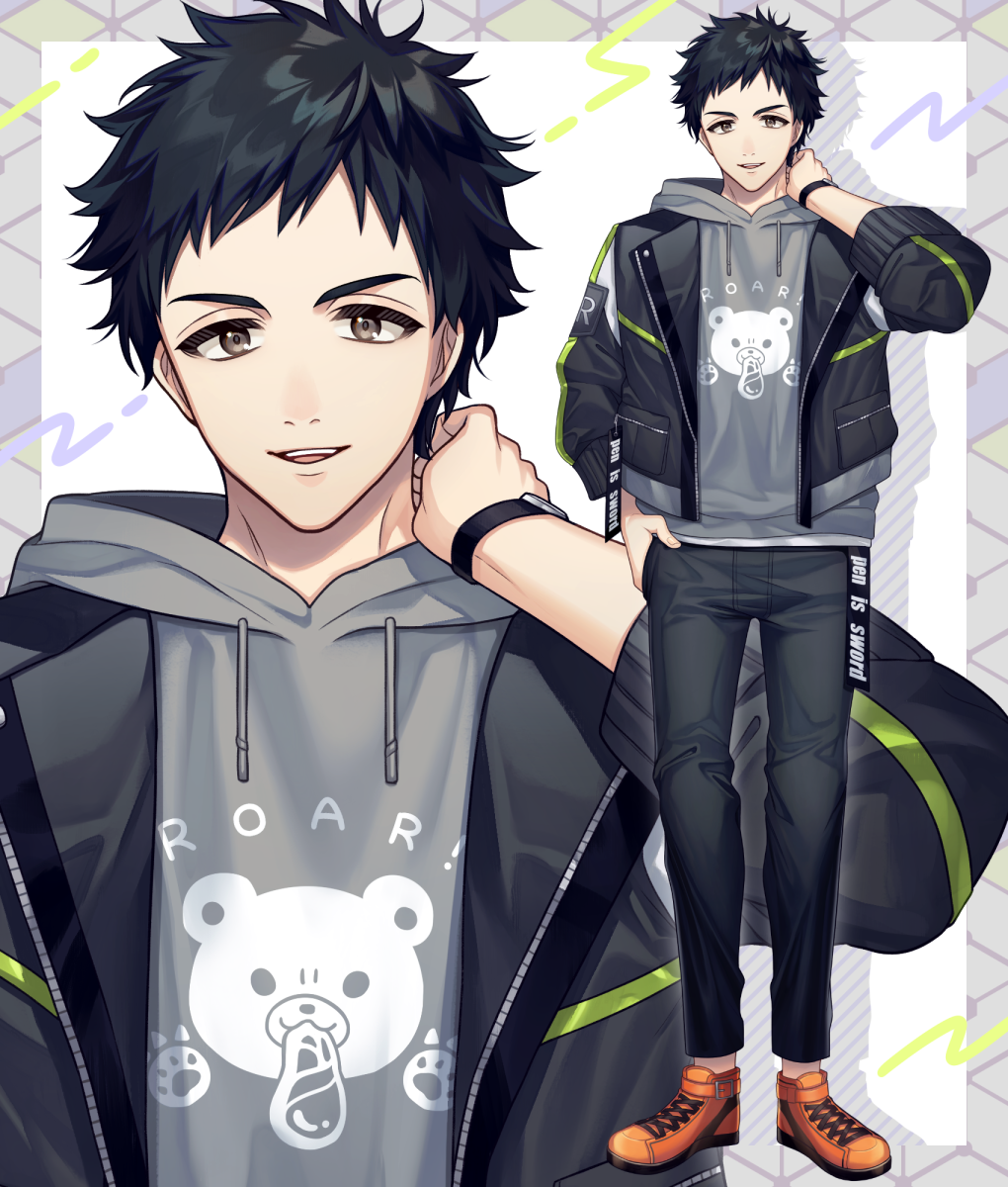 1boy black_hair black_jacket black_pants brown_eyes brown_footwear character_request commentary_request drawstring grey_hoodie highres hood hood_down hoodie iriam jacket karokuchitose looking_at_viewer male_focus official_art open_clothes open_jacket pants parted_lips shoes smile solo standing thick_eyebrows upper_teeth v-shaped_eyebrows virtual_youtuber watch watch zoom_layer