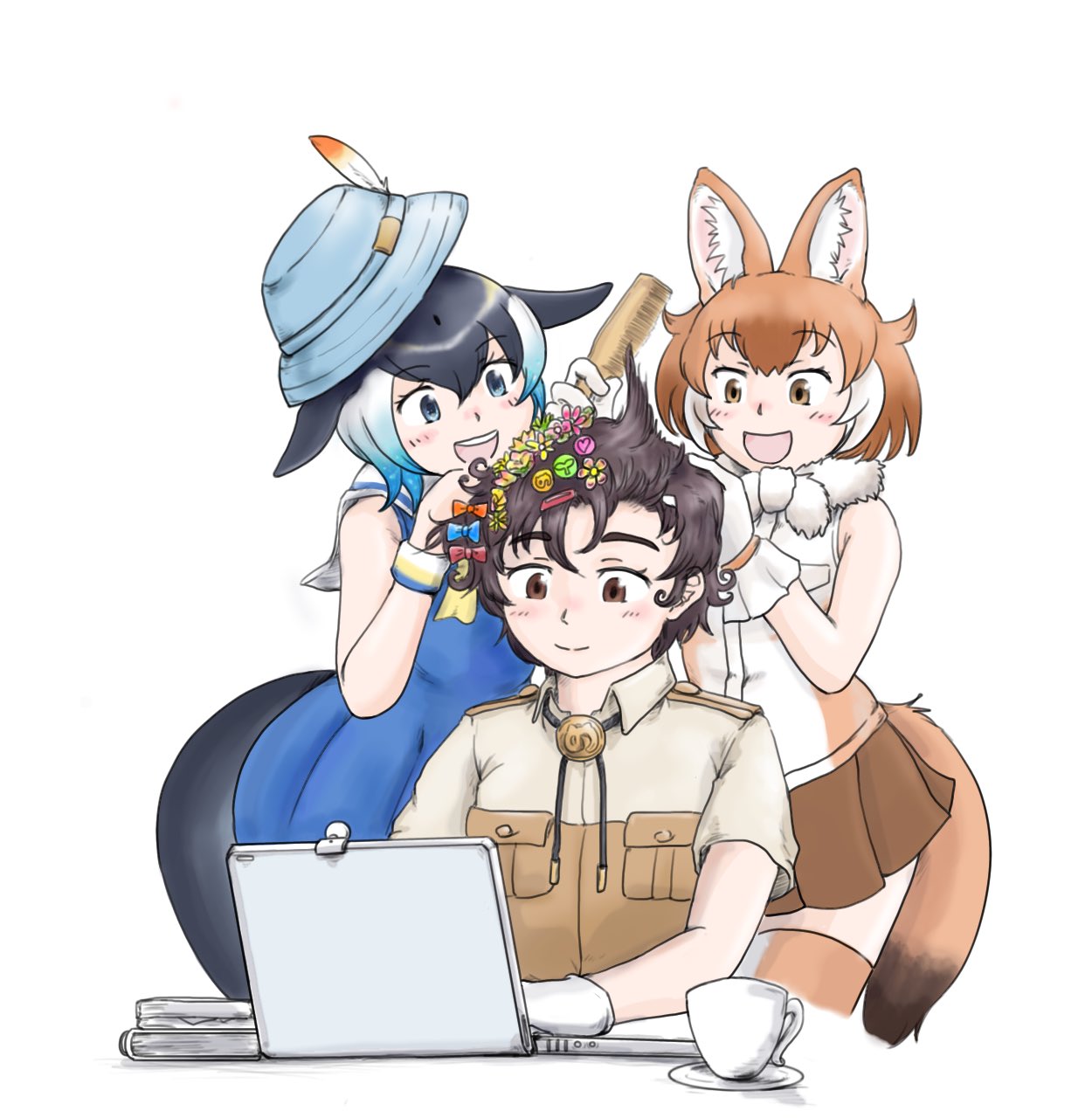 1boy 2girls animal_ears blowhole bucket_hat captain_(kemono_friends) comb common_dolphin_(kemono_friends) computer cup dhole_(kemono_friends) dog_ears dog_girl dog_tail dolphin_tail fins flower hair_flower hair_ornament hat head_fins highres kemono_friends kemono_friends_3 khakis laptop multiple_girls saja_(166j357) smile tail tail_fin teacup