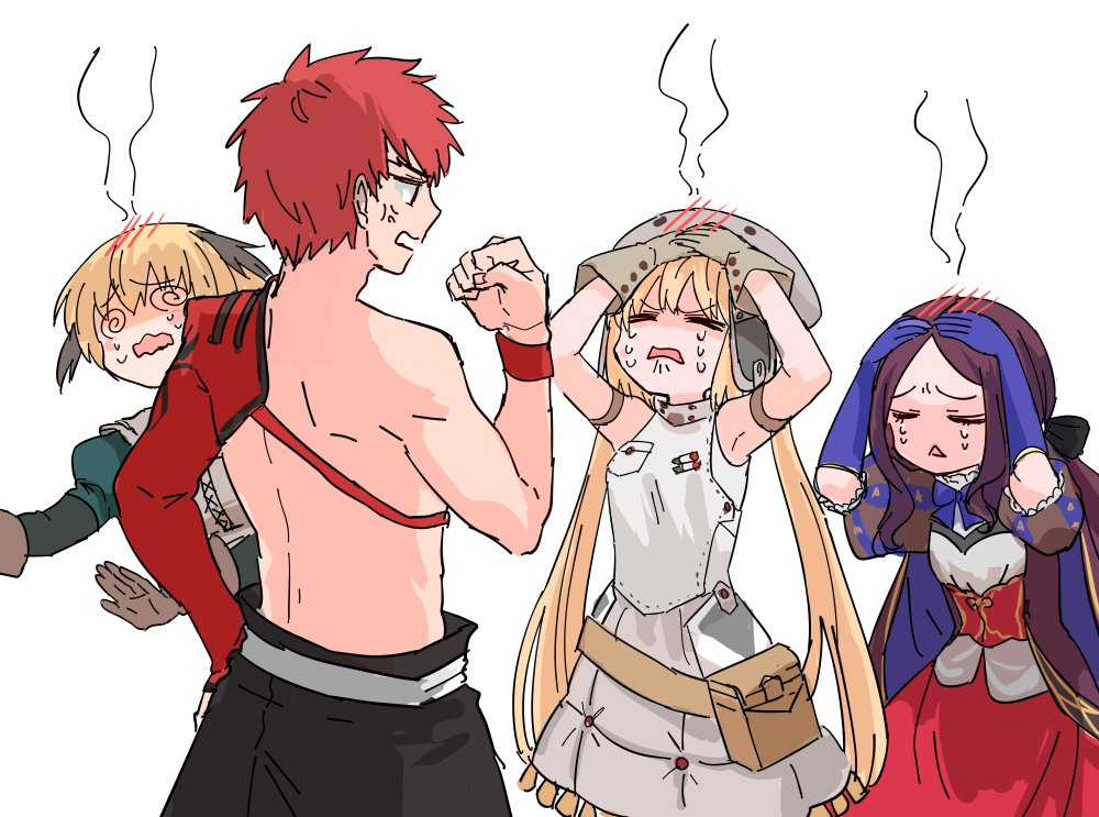 1boy 3girls @_@ abs anger_vein artoria_pendragon_(all) artoria_pendragon_(caster)_(fate) bangs blonde_hair blue_gloves brown_shirt crying emiya_shirou fate/grand_order fate/grand_order_arcade fate_(series) forehead gareth_(fate) gauntlets gloves grey_headwear himeko_(nico6v6pachi) igote leonardo_da_vinci_(fate) leonardo_da_vinci_(rider)_(fate) limited/zero_over low_twintails multiple_girls o-ring_belt parted_bangs puff_and_slash_sleeves puffy_short_sleeves puffy_sleeves sengo_muramasa_(fate) shirt shirtless short_sleeves single_bare_shoulder single_gauntlet striped_belt twintails wavy_mouth