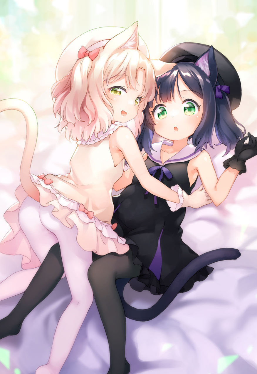 2girls animal_ears ass bangs black_dress black_gloves black_hair black_headwear black_legwear blonde_hair blush bow cat_ears cat_tail collarbone dress eyebrows_visible_through_hair gloves green_eyes hair_bow hair_ribbon hat highres kito_(sorahate) looking_at_viewer multiple_girls no_shoes open_mouth original pantyhose ribbon sailor_collar sleeveless sleeveless_dress smile symbol_commentary tail white_dress white_gloves white_headwear white_legwear