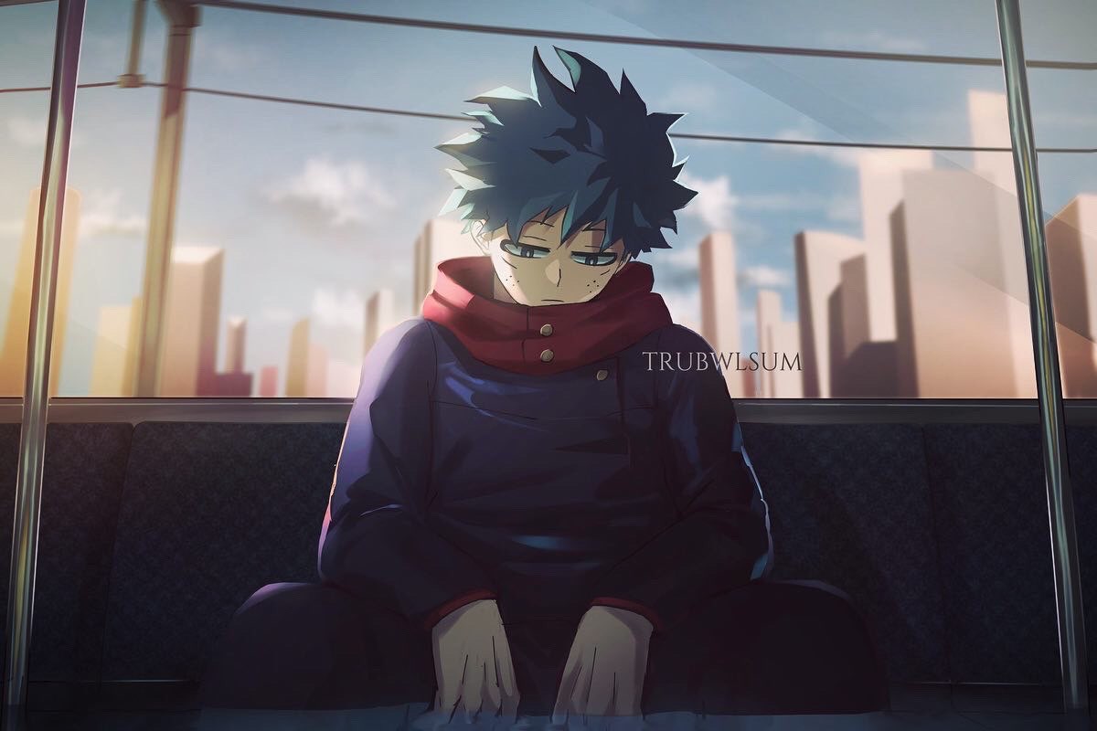 1boy artist_name bangs black_hair black_jacket black_pants blue_eyes blurry blurry_background boku_no_hero_academia building closed_mouth commentary cosplay day english_commentary green_hair jacket long_sleeves male_focus midoriya_izuku outdoors pants red_scarf scarf short_hair sitting skyscraper solo spiky_hair train_interior trubwlsum upper_body