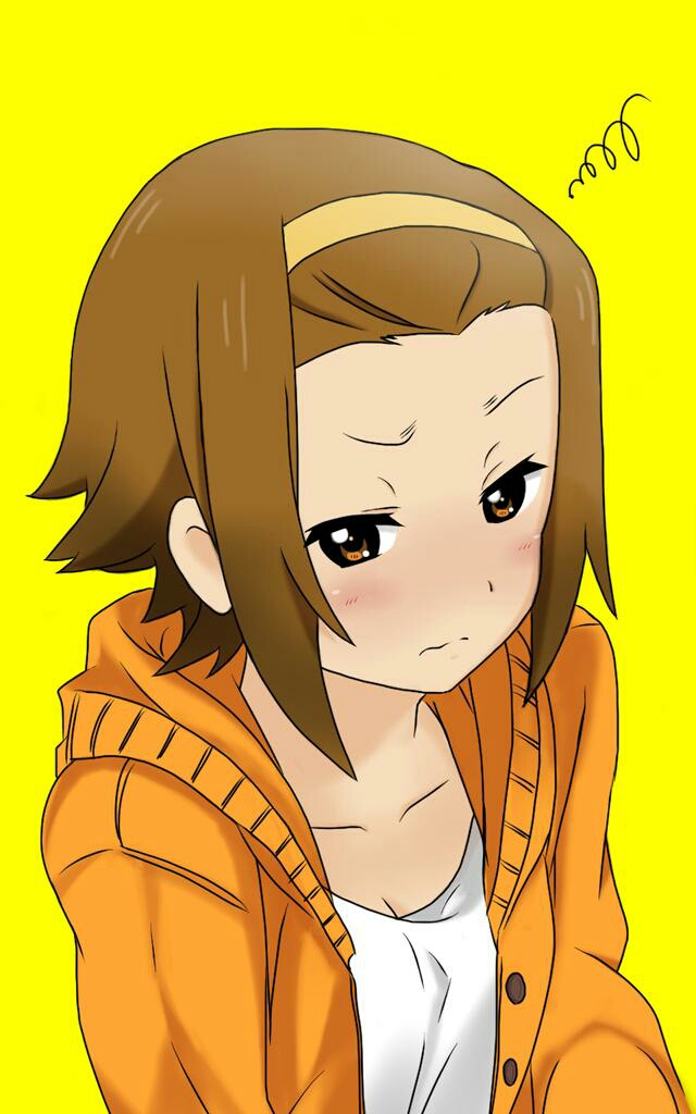1girl blush brown_eyes brown_hair closed_mouth collarbone commentary_request hairband hood hood_down hooded_jacket jacket k-on! looking_at_viewer nekonopapa open_clothes open_jacket orange_jacket shirt short_hair simple_background solo tainaka_ritsu upper_body white_shirt yellow_background yellow_hairband