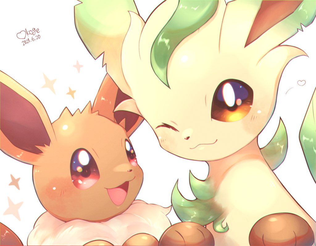 :d ;3 blush brown_eyes closed_mouth commentary_request dated eevee gen_1_pokemon gen_4_pokemon heart leafeon looking_at_viewer no_humans okoge_(simokaji) one_eye_closed open_mouth paws pokemon pokemon_(creature) shiny signature smile sparkle white_background