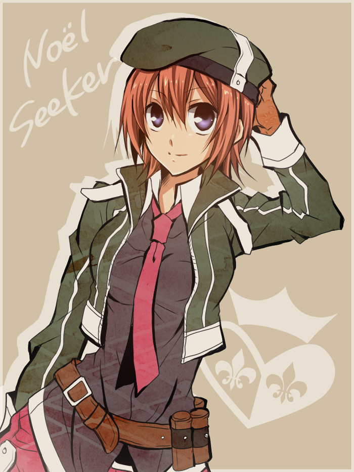 1girl arm_at_side arm_behind_head black_shirt breasts brown_background brown_hair character_name cm0521001 collared_shirt cowboy_shot crop_top dutch_angle eiyuu_densetsu gloves green_jacket hair_between_eyes hajimari_no_kiseki hat jacket medium_breasts necktie noel_seeker red_neckwear shirt solo violet_eyes