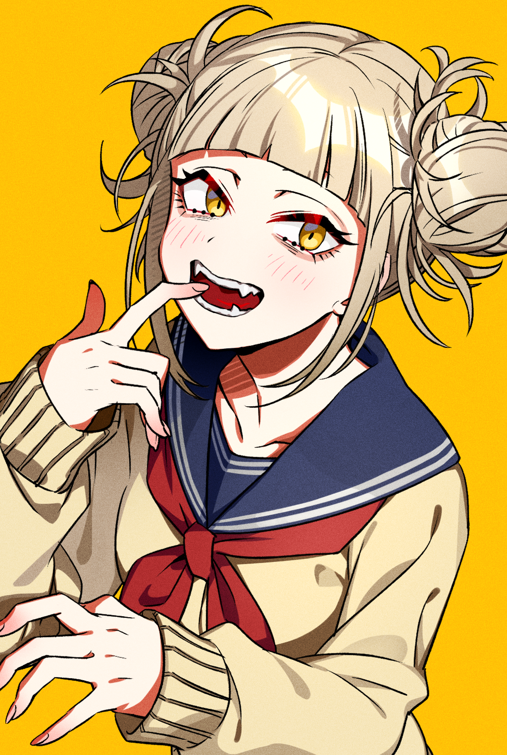 1girl blonde_hair boku_no_hero_academia collarbone double_bun fangs finger_to_mouth highres messy_hair open_mouth red_neckwear school_uniform short_hair simple_background smile solo teeth toga_himiko upper_body yellow_background yellow_eyes yuura