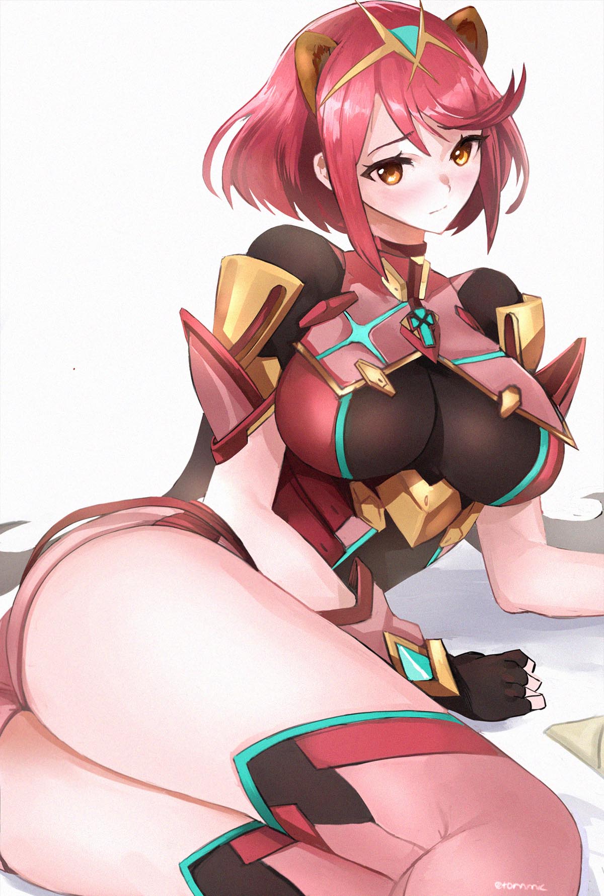 1girl animal_ears ass bangs black_gloves blush breasts closed_mouth fingerless_gloves gloves headpiece highres large_breasts orange_eyes pyra_(xenoblade) red_legwear red_shorts redhead short_hair short_shorts shorts solo swept_bangs thigh-highs thighs tiara tommy_(kingdukeee) xenoblade_chronicles_(series) xenoblade_chronicles_2