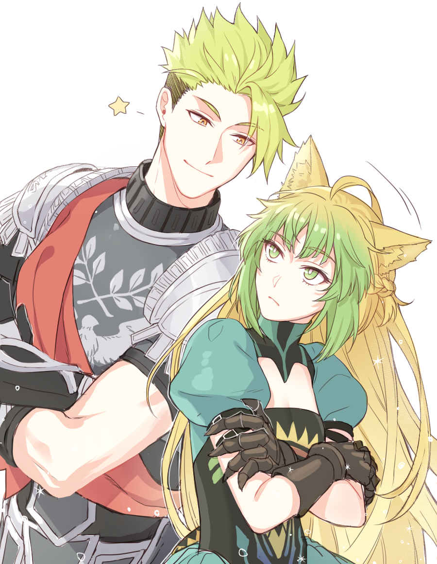 1boy 1girl achilles_(fate) ahoge animal_ears armor atalanta_(fate) cat_ears crossed_arms fate/apocrypha fate/grand_order fate_(series) gloves gradient_hair green_eyes green_hair lion_ears long_hair looking_at_another mikkat multicolored_hair short_sleeves two-tone_hair undercut yellow_eyes