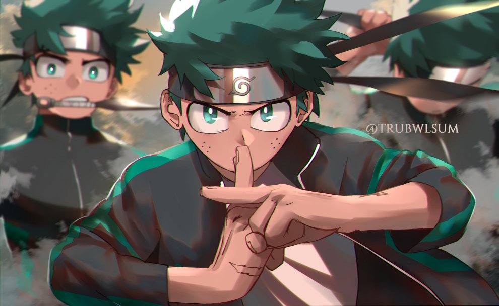 3boys arm_up artist_name bangs black_jacket blurry blurry_background boku_no_hero_academia clenched_teeth commentary depth_of_field english_commentary green_eyes green_hair grey_shirt headband jacket konohagakure_symbol kunai long_sleeves looking_at_viewer male_focus midoriya_izuku mouth_hold multiple_boys multiple_persona naruto naruto_(series) open_clothes open_jacket scar_on_hand serious shirt teeth trubwlsum upper_body weapon