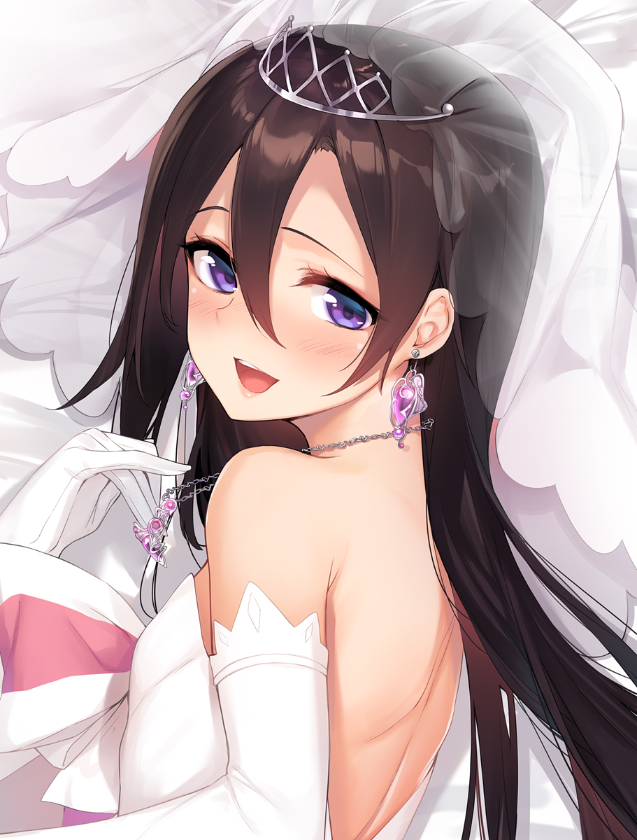 1boy :d alternate_costume armpit_crease backless_dress backless_outfit bare_shoulders blush bridal_veil bride brown_hair close-up collarbone crossdressinging dress earrings elbow_gloves eyebrows_visible_through_hair eyelashes flat_chest flower gloves hair_between_eyes highres jewelry kirito kirito_(sao-ggo) long_hair looking_at_viewer lying necklace on_side open_mouth otoko_no_ko portrait rose shadow shiny shiny_hair shiny_skin sidelocks smile solo strapless strapless_dress sword_art_online tiara upper_teeth veil violet_eyes white_dress white_flower white_gloves white_rose yaguo