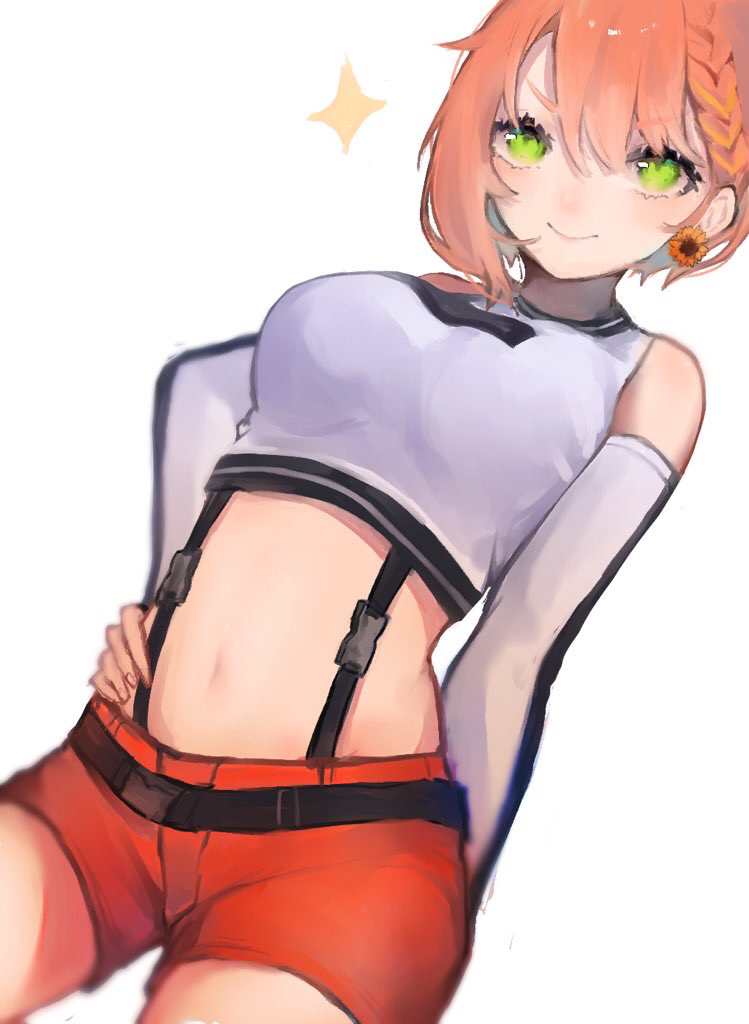 1girl after_suko bangs breasts crop_top detached_sleeves earrings green_eyes hair_between_eyes hand_on_hip honma_himawari jewelry large_breasts nijisanji orange_shorts shorts simple_background smile solo sparkle suspender_shorts suspenders virtual_youtuber white_background