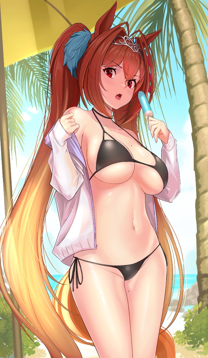 1girl aloe_(sos961111) animal_ears bikini black_bikini blush breasts commentary_request daiwa_scarlet_(umamusume) eyebrows_visible_through_hair food gradient_hair highres horse_ears horse_girl horse_tail jacket large_breasts long_hair multicolored_hair navel open_clothes open_jacket open_mouth outdoors palm_tree popsicle red_eyes solo standing swimsuit tail tiara tree twintails umamusume very_long_hair white_jacket