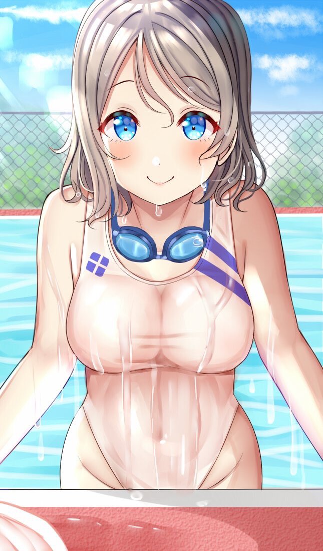 1girl alternate_color blue_eyes blue_sky chain-link_fence clouds commentary_request competition_swimsuit cowboy_shot day fence goggles goggles_around_neck grey_hair groin highleg highleg_swimsuit looking_at_viewer love_live! love_live!_sunshine!! mizukoshi_(marumi) navel one-piece_swimsuit outdoors pool poolside short_hair sky solo swimsuit watanabe_you wet white_swimsuit