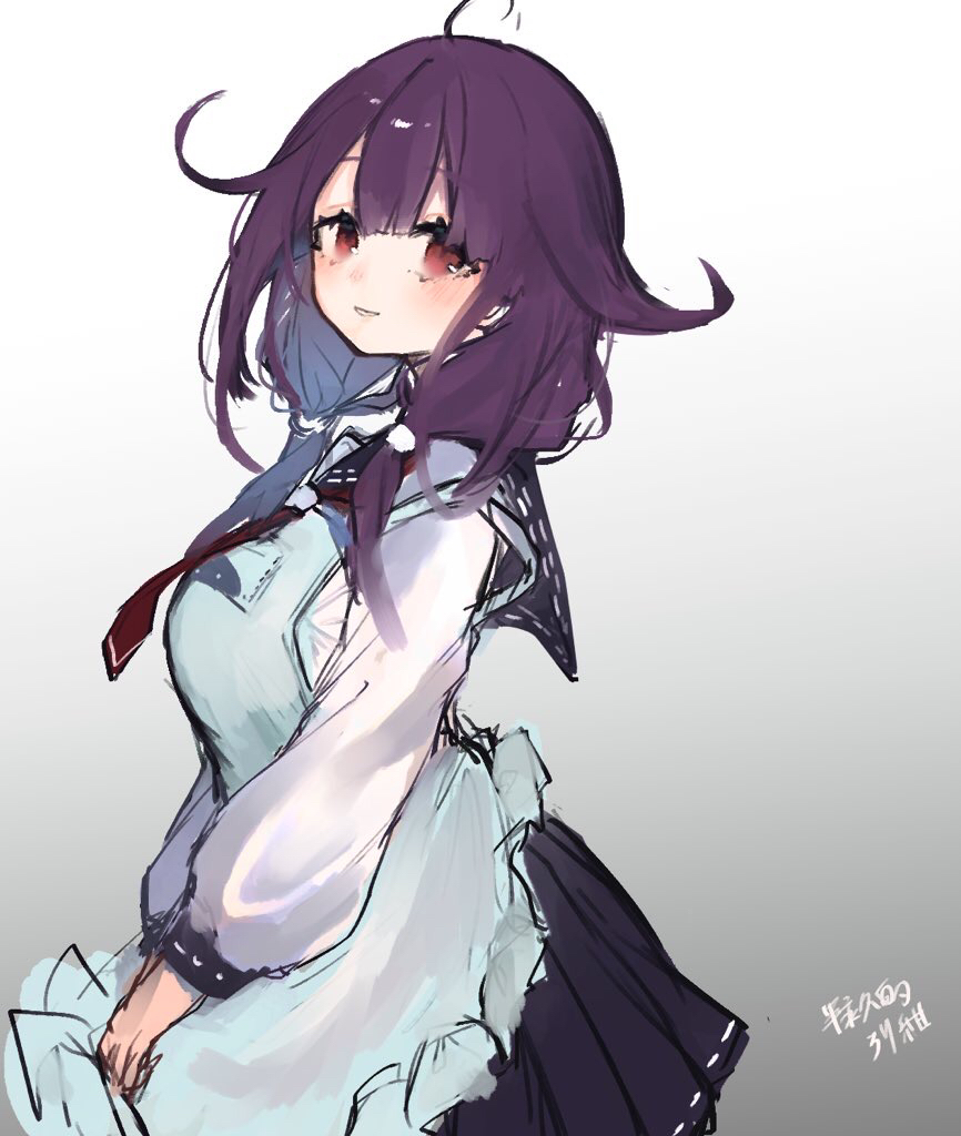1girl after_suko ahoge apron bangs blue_sailor_collar frilled_apron frills gradient gradient_background hair_between_eyes hair_flaps kantai_collection long_hair long_sleeves low_twintails neckerchief one-hour_drawing_challenge parted_lips purple_hair red_eyes red_neckwear sailor_collar school_uniform serafuku simple_background sketch solo taigei_(kancolle) twintails white_apron
